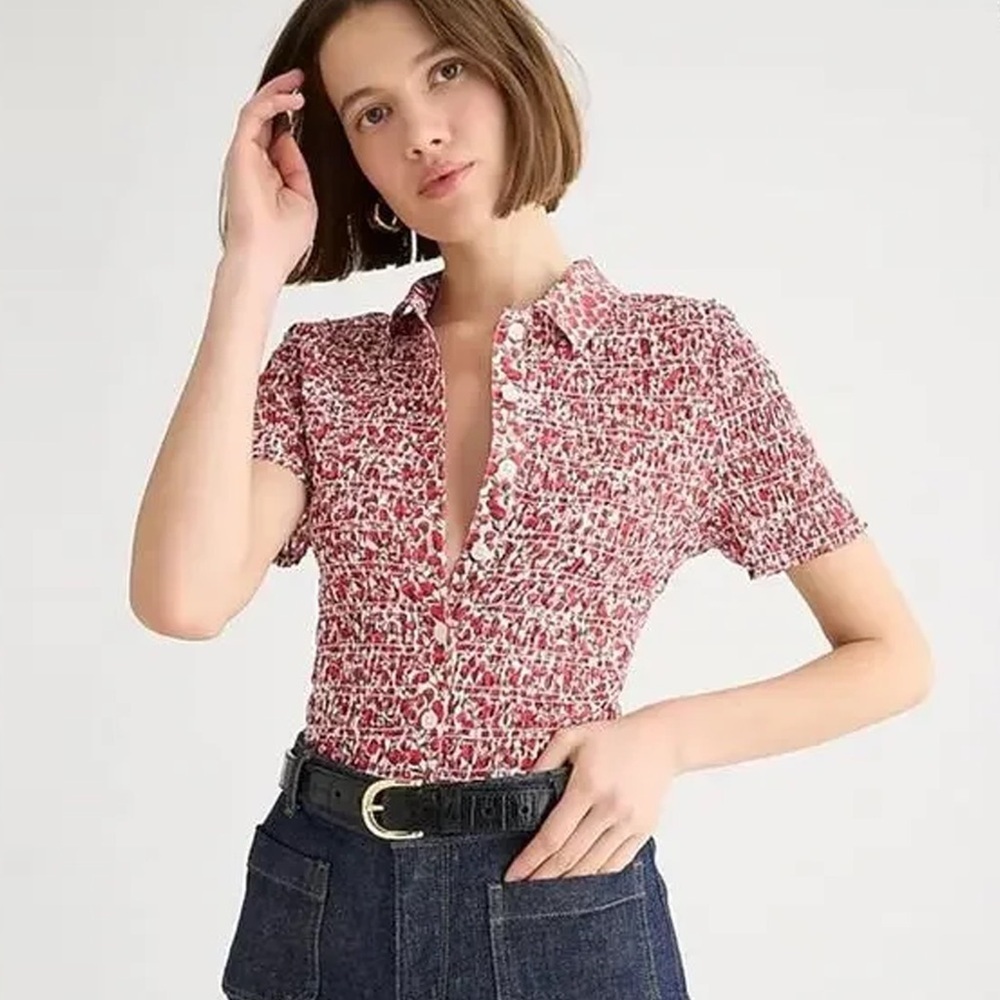J. Crew - Liberty Fabric - Eliza's Red Print Smocked Button Up Top
